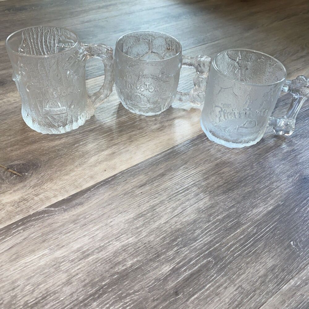 Vintage McDonald’s Flintstones “RocDonalds” Textured Glass Cup Mug 1993 Set Of 3